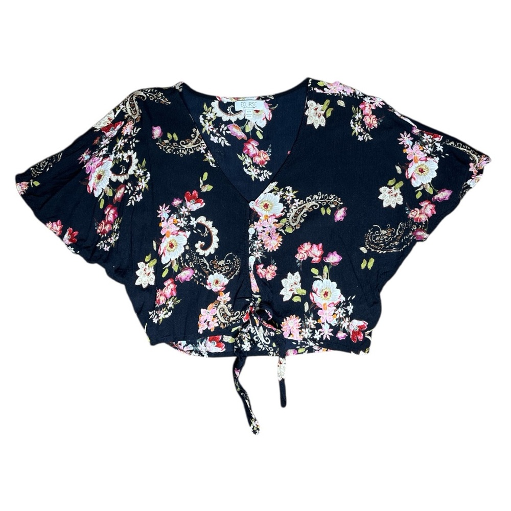 ECLIPSE Paisley Floral Button Tie Front Flowy Blouse Black Size Medium